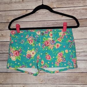 Teal Floral Cotton Blend Shorts